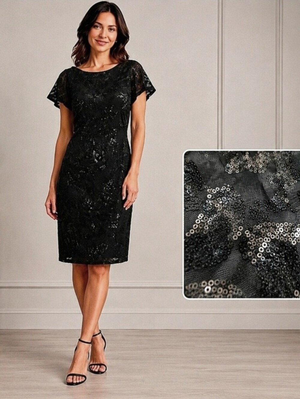 NWT Black Sequin Embellished Flutter Sleeve Midi Cocktail Dress Sz 10